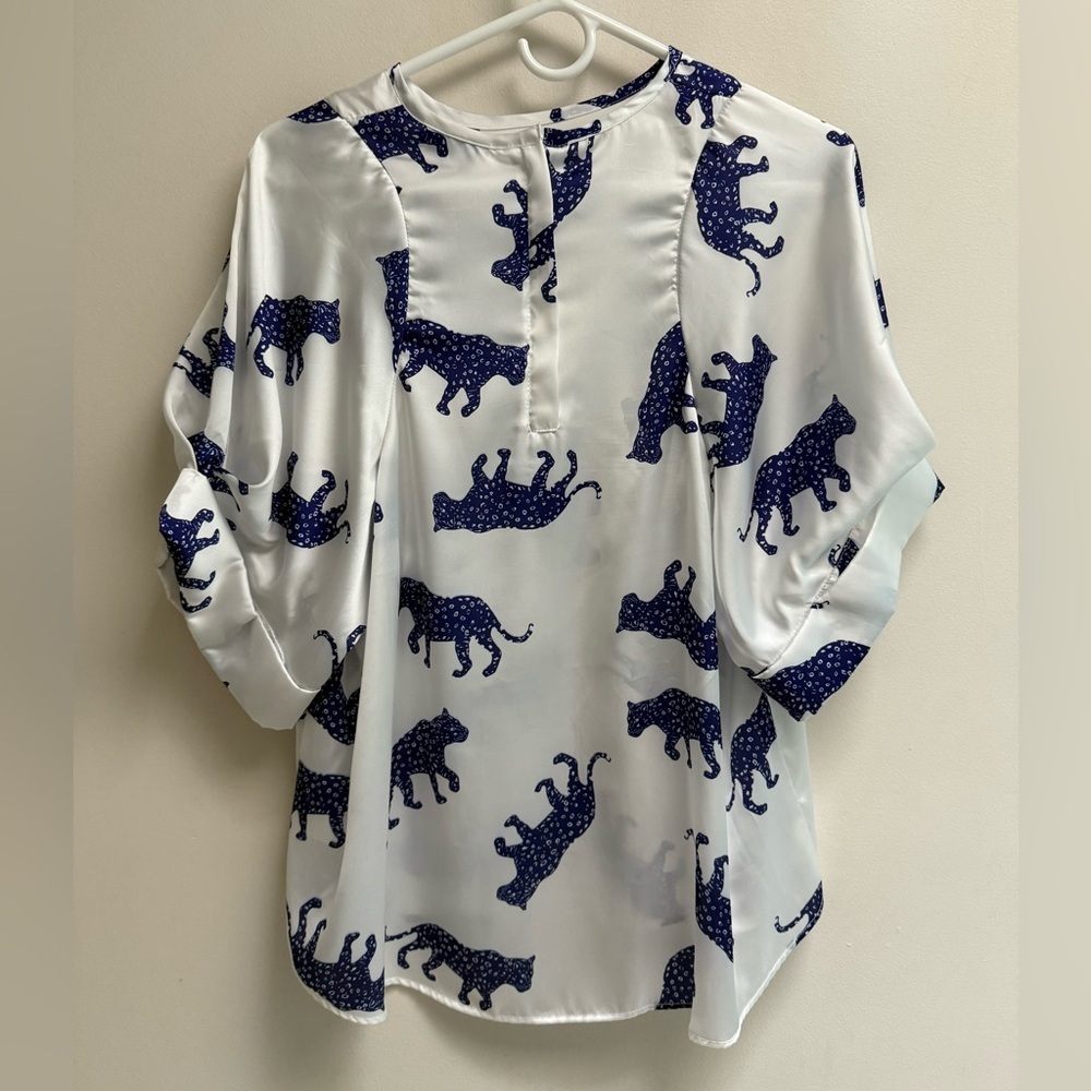KOCH Women’s White and Blue Jaguar Christiano Short Cap Sleeve Shirt-Size Large - Picture 4 of 10